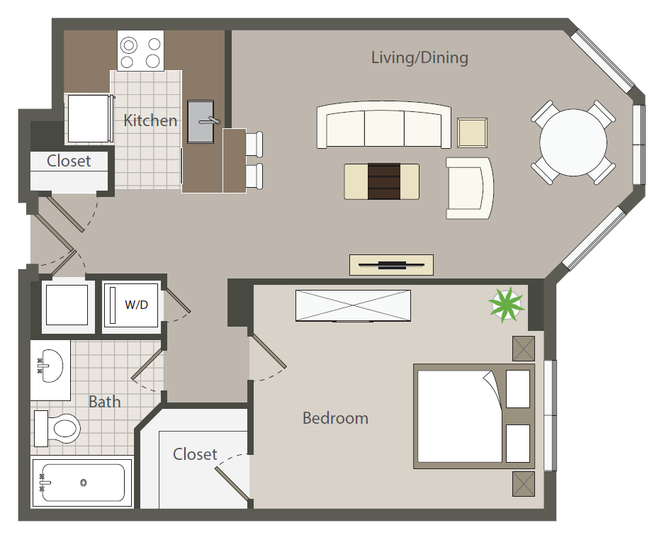 Floor plan for 1 bed, 1 bath, 675 sqft